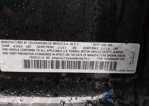 2006 Volkswagen Jetta 2.5 z USA, uszkodzony, nr VIN 3VWSG71K66M648751